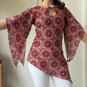 Y2K No Boundaries Sheer Paisley Asymmetrical Boho Festival Top Flare Sleeve